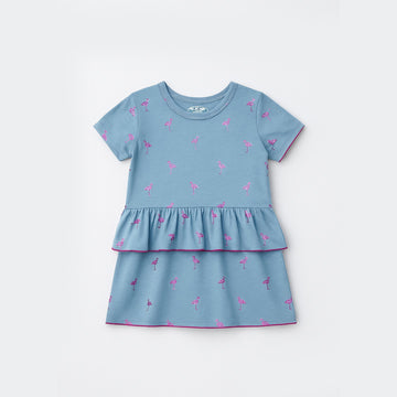 SKY BLUE SWAN PRINT HALF SLEEVES FROCK FOR GIRLS